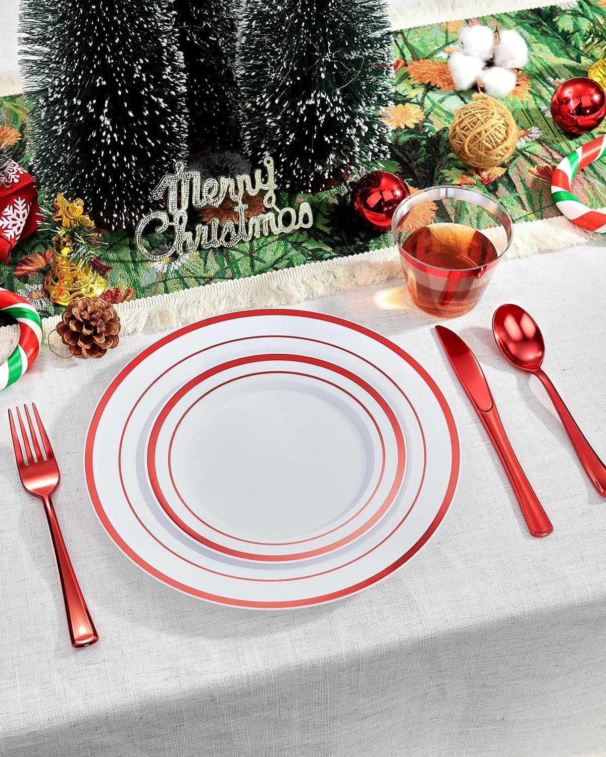 Goodluck 350 Piece Silver Plastic Dinnerware Set for 50 Guests, Fancy Disposable Plates for Party, Include: 50 Dinner Plates, 50 Dessert Plates, 50 Pre Rolled Napkins with Silver Silverware, 50 Cups
