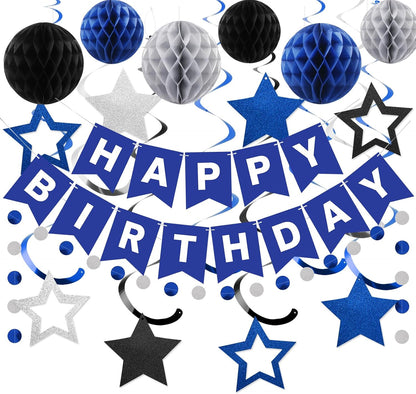 meowtastic Birthday Decorations, Happy Birthday Banner with Honeycomb Balls, Stars Hanging Swirl Streamers, Circle Dots Garland, Happy Birthday Party Decorations for Women Men Boys Girls (Blue)