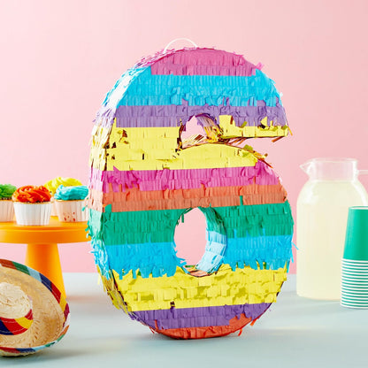BLUE PANDA Rainbow Number 6 Pinata - Sturdy Corrugated Build & Easy Hang for Fiesta Party - Candy Filled 6th Birthday Party Surprise - Vibrant Tie-Dye Items for Kids - Small (16.5x11x3 In), Blue/White