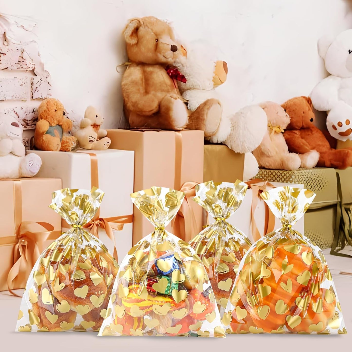 100 Pcs Star Printed 5"X 7" Gift Wrap Cello Cellophane Treat Bags Party Favor bags Clear Candy Cookie Bag Plastic Poly Goodie Storage Bag with Twist Ties for Bakery,Birthday, Wedding ,Party Decorations (Gold)