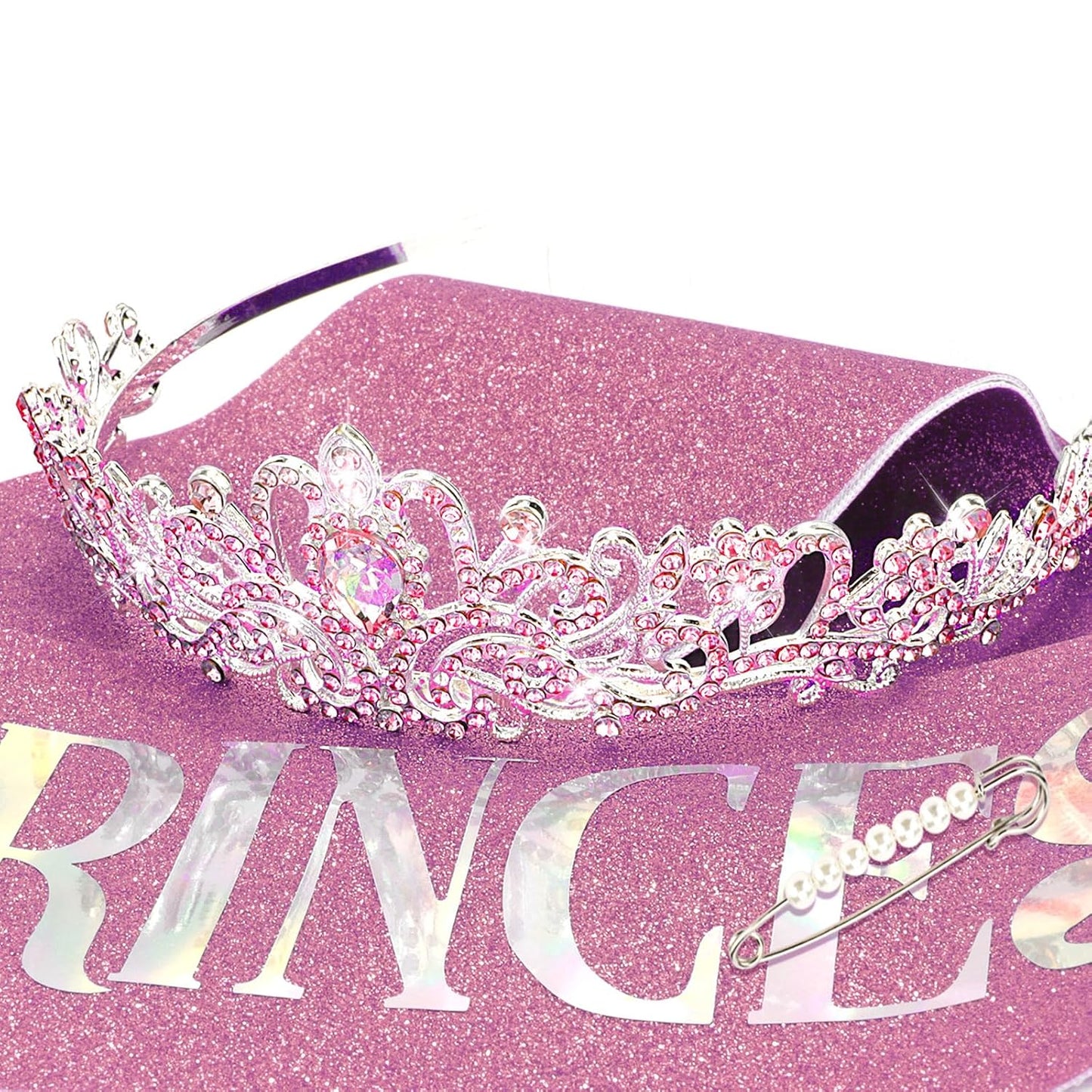 CIEHER Princess Crown and Birthday Sash Set, Pink Tiara for Women, Birthday Decorations for Girls, Gifts