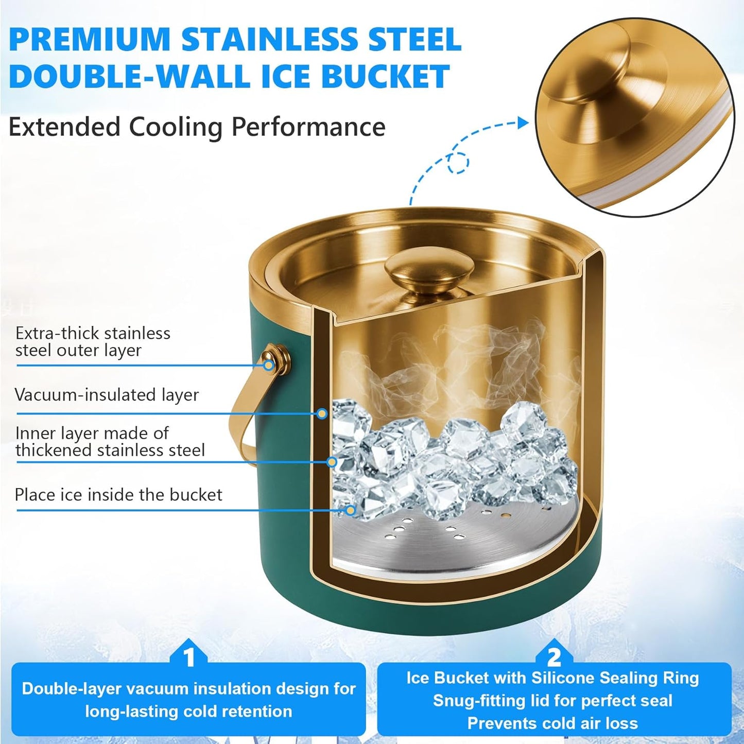 Ice Bucket, Ice Bucket with Silicone Sealing Ring Double-Wall Vacuum Insulation Champagne Buckets with Filter Layer Ice Tongs Ice Scoop (Gold, 3 L)