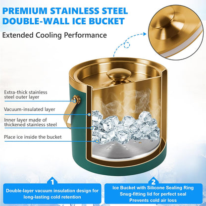 Ice Bucket, Ice Bucket with Silicone Sealing Ring Double-Wall Vacuum Insulation Champagne Buckets with Filter Layer Ice Tongs Ice Scoop (Gold, 3 L)