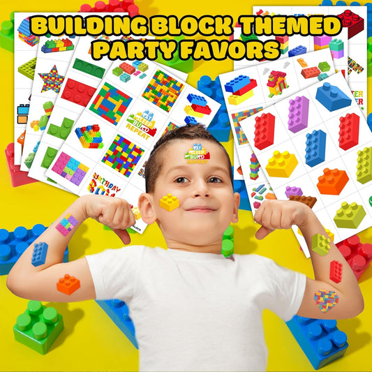 96PCS Building Block Pre-Cut Temporary Tattoos - Cute Party Favors for Kids, Boys & Girls | Birthday Party Supplies, Decorations, Stickers, Gifts, Classroom & School Prizes (Normal)