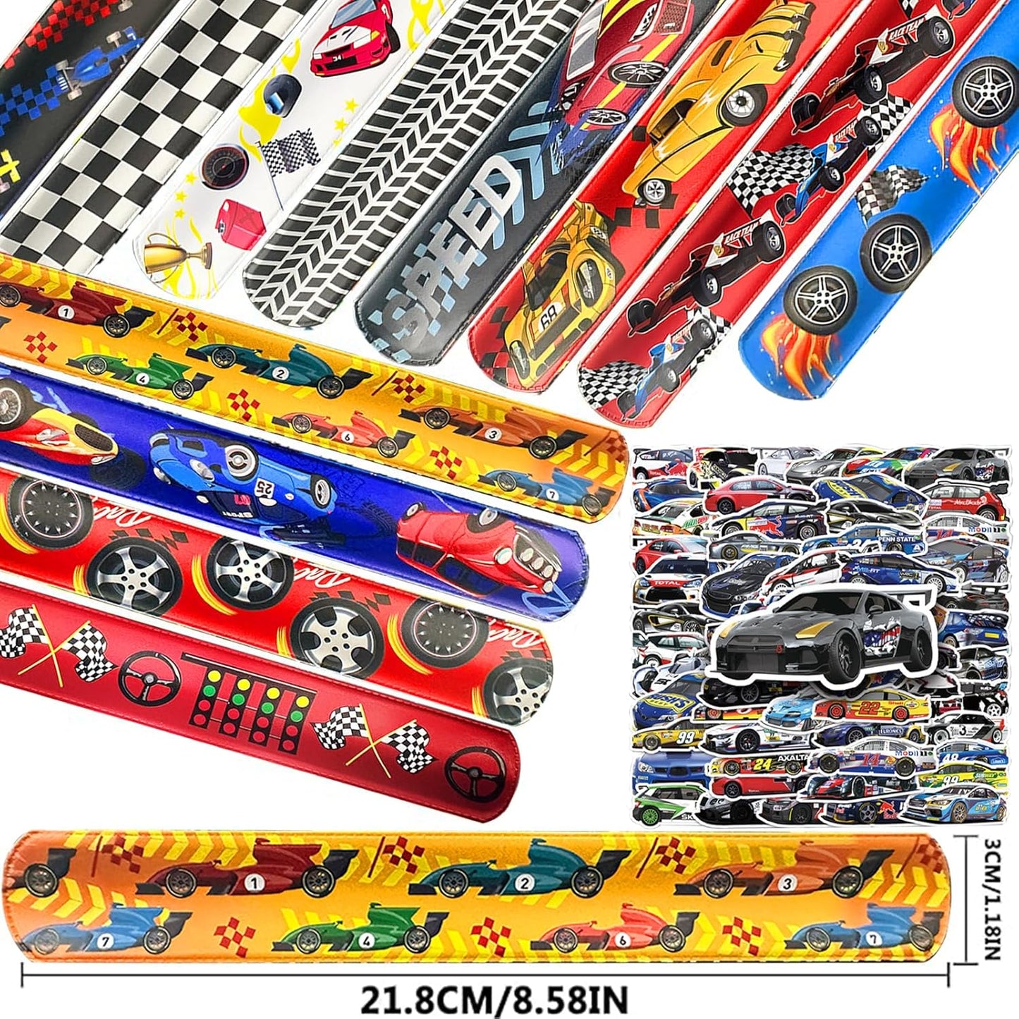 CZWXOXO 74 Pcs Racing Theme Party Favors 24 Pcs Slap Bracelets 50 Pcs Stickers Racing Birthday Party Decorations，Classroom Rewards Supplies