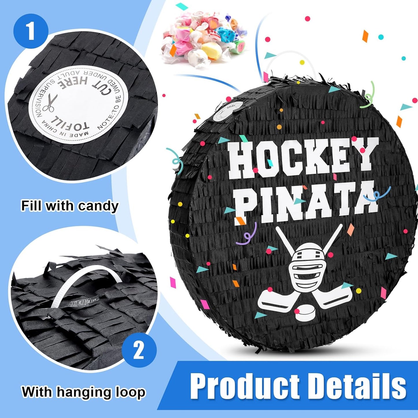 Jenaai 4 Pcs Hockey Party Favors Include 16" Hockey Piñata Bat Blindfold Piñata Stick and Confetti Bag for Hockey Theme Birthday Party Sports Party Reward Victory Celebration