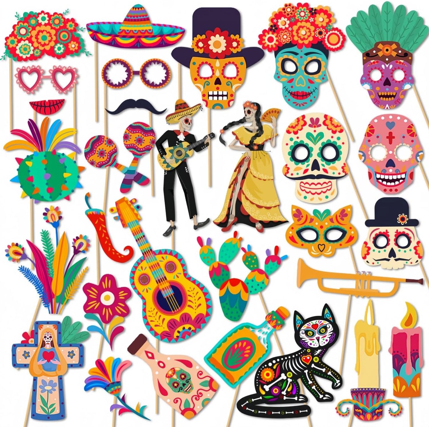 Day of The Dead Photo Booth Props Kit- 30Pcs Día de Los Muertos Party Selfie Props with Photo Booth Frame Cinco de Mayo Sugar Skull Photo Props for Mexican Halloween Party Decoration Supplies