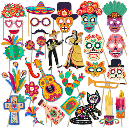 Day of The Dead Photo Booth Props Kit- 30Pcs Día de Los Muertos Party Selfie Props with Photo Booth Frame Cinco de Mayo Sugar Skull Photo Props for Mexican Halloween Party Decoration Supplies