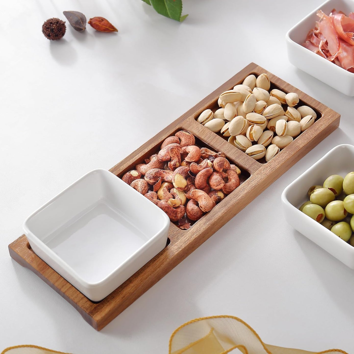 3 Pack Chip & Dip Serving Set with Wooden Tray, Oven Safe Bowls for Parties, Hosting Gifts, Cranberry/Soy Sauce Dish & Entertaining Essentials