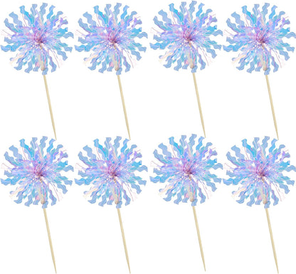 Ephlyn 30Pcs Foil Firework Cupcake Toppers Sparkle Tinsel Cupcake Picks Drink Stirrers Cocktail Food Fruit Toothpicks for Baby Shower Graduation Party Supplies White
