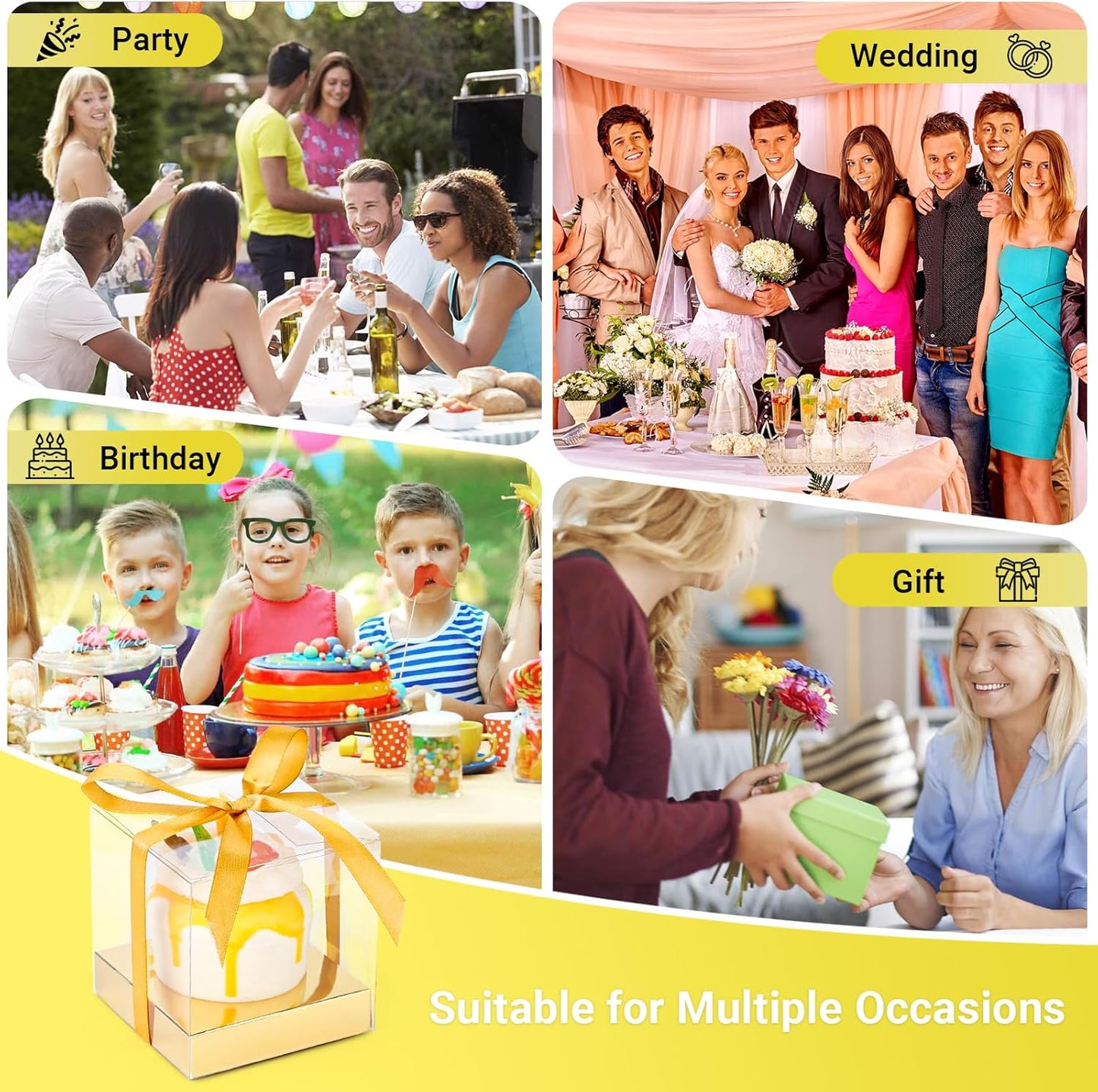 EUSOAR Individual Cupcake Holder, 50pcs 3.5 Inch Plastic Black Cupcake Containers with Lids, Single Transparent Display Clear Cupcake Carrier with Ribbon and Inserts for Wedding Party Favor