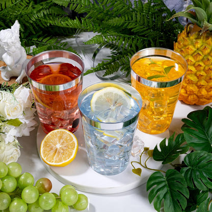 I00000 100 Pack 12 oz Gold Plastic Cups, Gold Rimmed Disposable Cups, Disposable Wine Glasses Cocktail Glasses Premium Cup with Golden Rim, 12 Ounce Plastic Tumblers for Party & Wedding