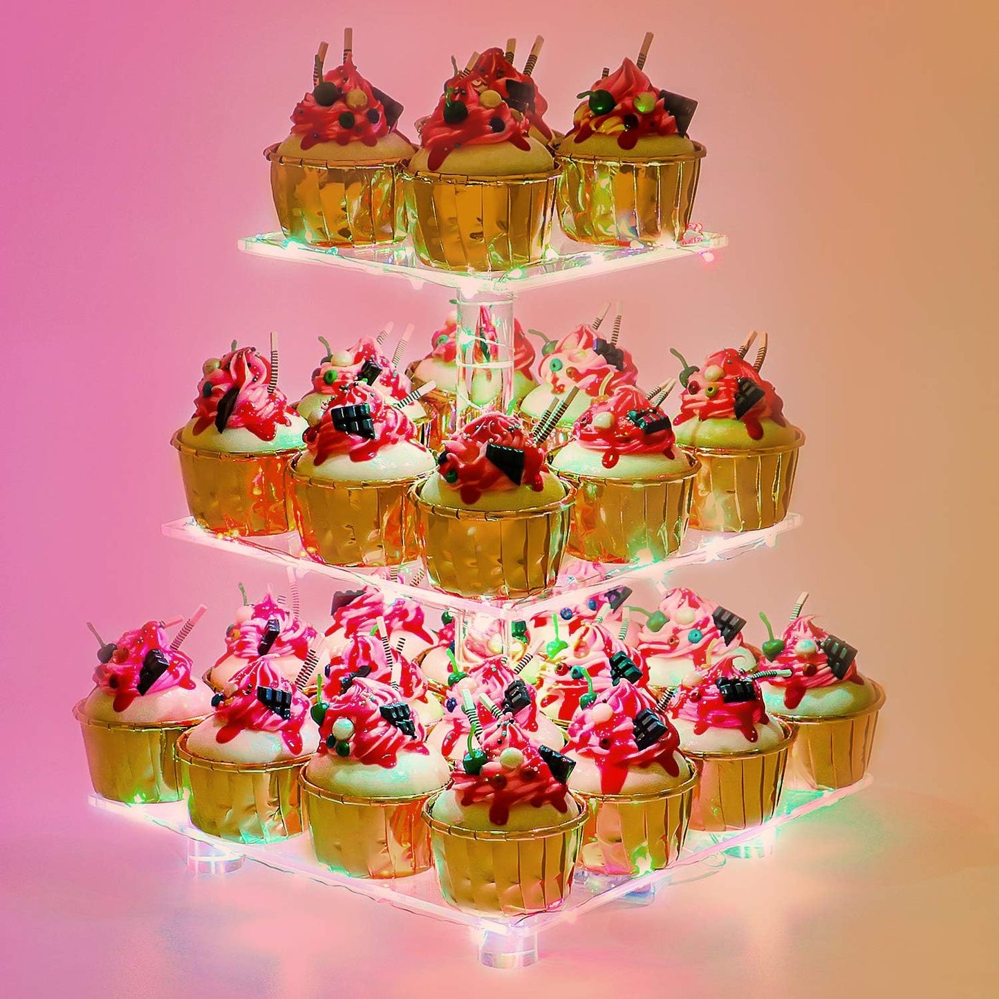 YestBuy Cupcake Stand with Yellow Led Lights, 4 Tier Cupcake Stand for 50 Cupcakes, Acrylic Cupcake Tower Stand, Clear Tiered Cupcake Holder for Birthday Cady Bar Décor Weddings, Parties Events