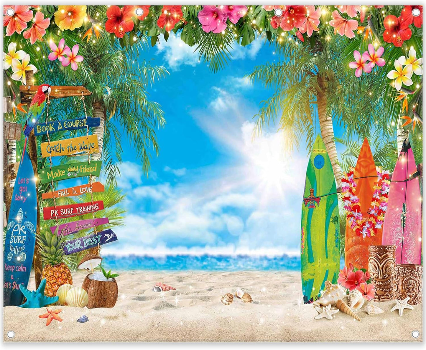 7x5ft Summer Hawaiian Beach Photography Backdrop Tropical Flower Palm Leaves Surfboard Background for Luau Aloha Party Decoration Banner Photo Booth