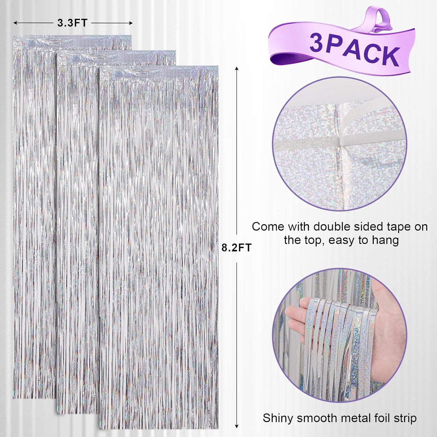 Voircoloria 3 Pack 3.3x8.2 Feet Gold Foil Fringe Backdrop Curtains, Tinsel Streamers, Fringe Backdrop for 2025 New Years Eve, Graduation, Birthday, Baby Shower, Gender Reveal, Disco Party - Colors B