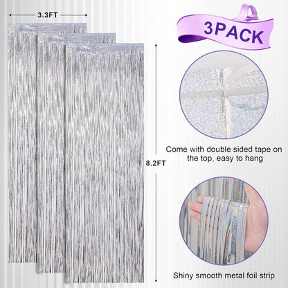 Voircoloria 3 Pack 3.3x8.2 Feet Gold Foil Fringe Backdrop Curtains, Tinsel Streamers, Fringe Backdrop for 2025 New Years Eve, Graduation, Birthday, Baby Shower, Gender Reveal, Disco Party - Colors B