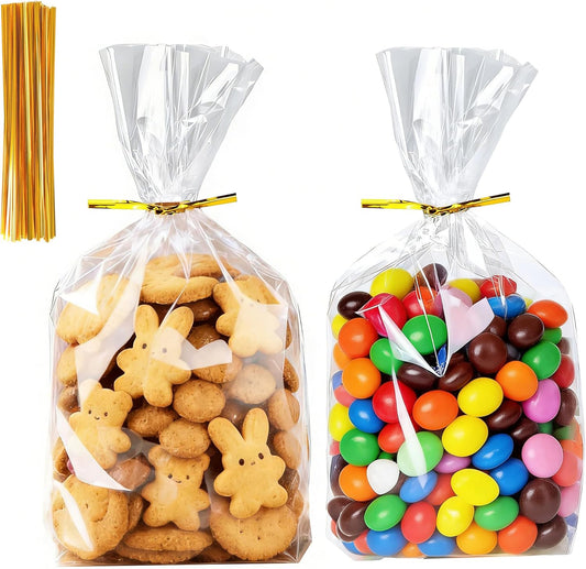 Soarvita 7x10 Inch Cellophane Treat Bags, 50 Pcs Clear Gift Bags with Bottom Gusset for Stand-Up Display, Cellophane Gift Wrap with 60 Gold Ties for Goodies, Treats, Candy, Party Favors, Toys