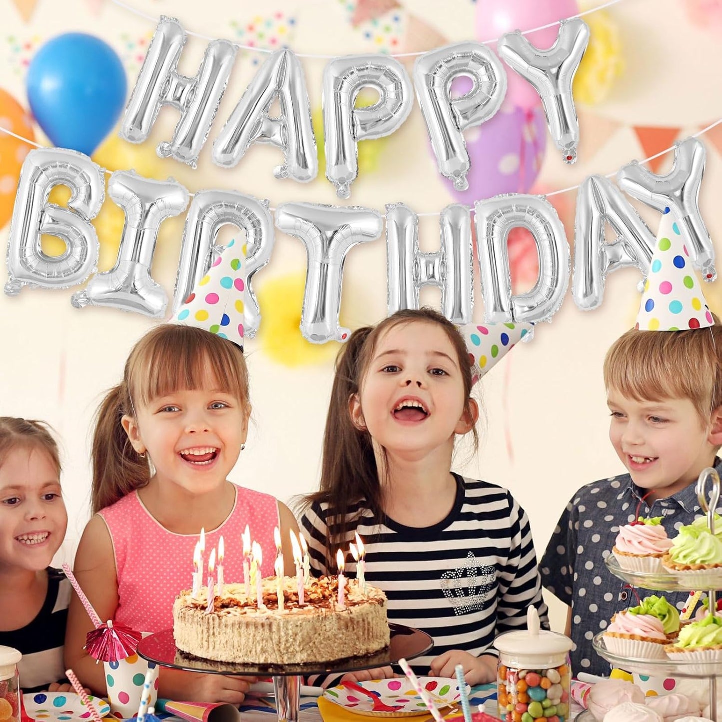 Happy Birthday Balloons Banner, Foil Balloon Personalized Name Letters Balloons Sign Birthday Party Decorations for Women Men Boys Girls Cream