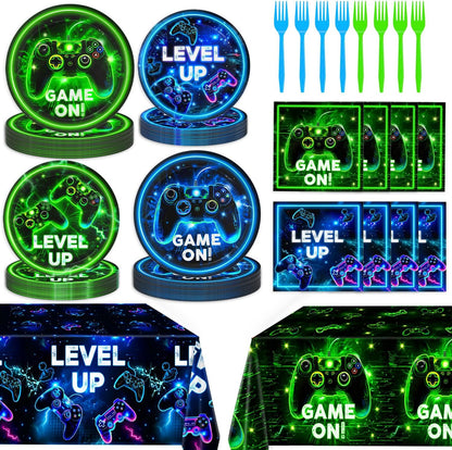 Video Game Birthday Decorations - Neon Level Up Game Tableware Includes Plates, Napkins, Cups, Forks, Tablecloths for Boy Gamer Birthday Party, Serves 24