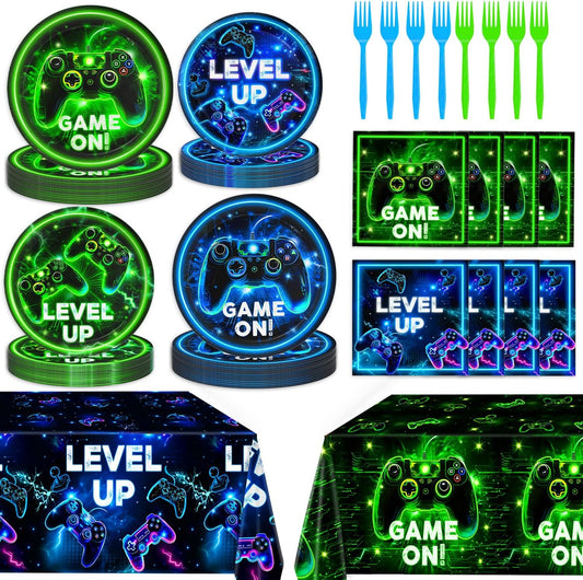 Video Game Birthday Decorations - Neon Level Up Game Tableware Includes Plates, Napkins, Cups, Forks, Tablecloths for Boy Gamer Birthday Party, Serves 24