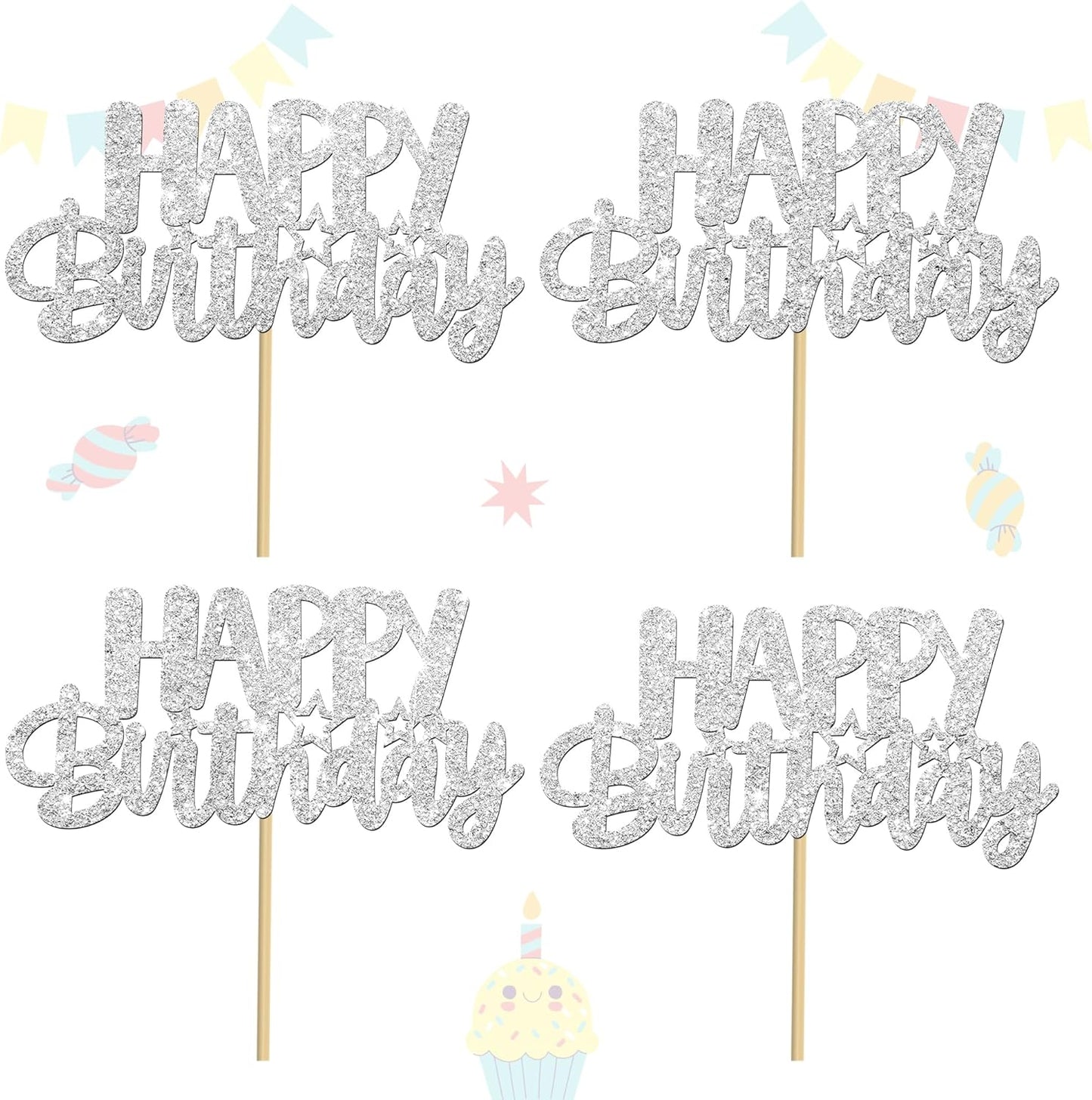 Glitter Silver Birthday Centerpiece Sticks 12PCS Happy Birthday Party Table Decorations Double Sided Birthday Party Centerpieces for Cheers to Birthday Anniversary Baby Shower Supplies