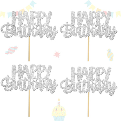 Glitter Silver Birthday Centerpiece Sticks 12PCS Happy Birthday Party Table Decorations Double Sided Birthday Party Centerpieces for Cheers to Birthday Anniversary Baby Shower Supplies