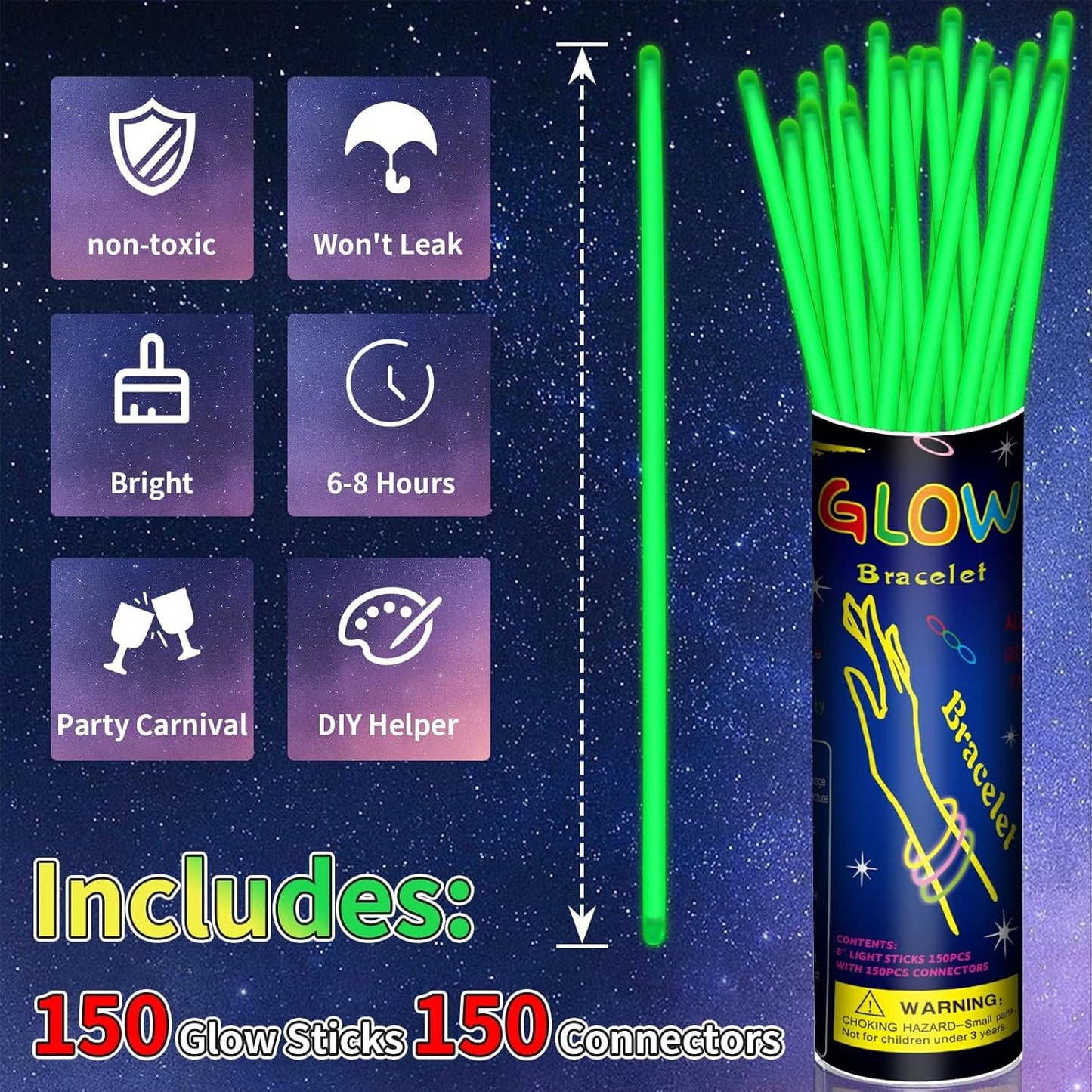 150 Pack 8” Red Glow Sticks Bulk with 150 Connectors Neon Glow In The Dark Party favors Supplies for Holiday Birthday Party Decoration (Red)