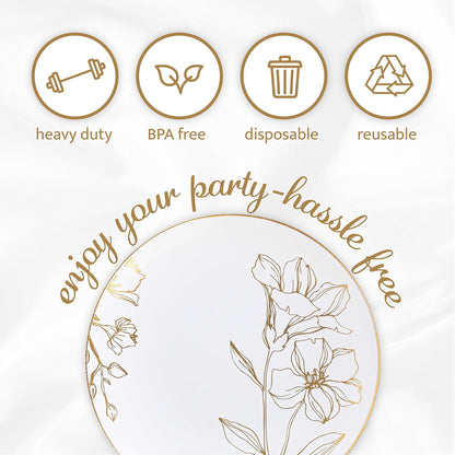 PLASTICPRO [16 OZ 20 Count] White Plastic Floral Design Party Soup bowls With Gold Rim Premium heavyweight Elegant Disposable Tableware Dishes