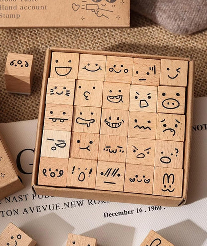 25pcs Mood Expression Wooden Rubber Stamps Kit, Cute Small Emoticon Theme Stamps for Decorative Diary Planner DIY Craft Scrapbook Card Making Letters Journal