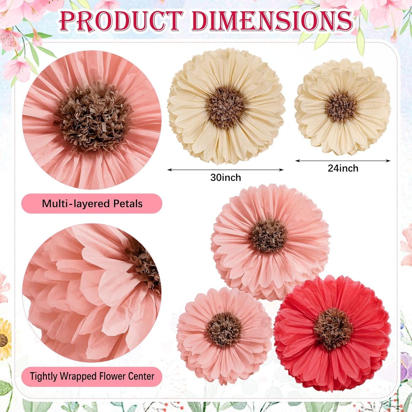 Chunful 5 Pcs 30'' 24'' Gaint Pastel Tissue Paper Flowers Decoration Large Hanging Tissue Paper Pom Poms Decor for Pastel Birthday Bachelorette Wedding Baby Shower Bridal Shower Easter Party Decor