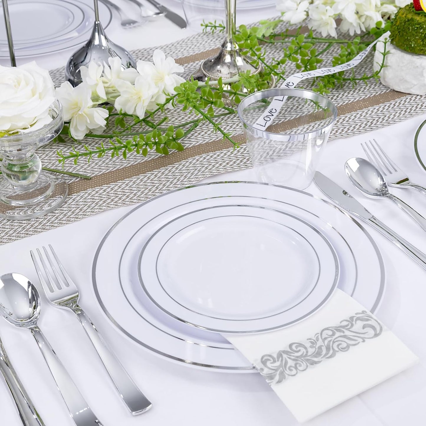 WELLIFE 350-Piece Gold Disposable Plates and Cutlery Set - Premium 10.25" Dinner Plates, 7.5" Dessert Plates, 9oz Cups & Cutlery for Weddings, Catering Events - 50 Guest Service - Elegant & Sturdy
