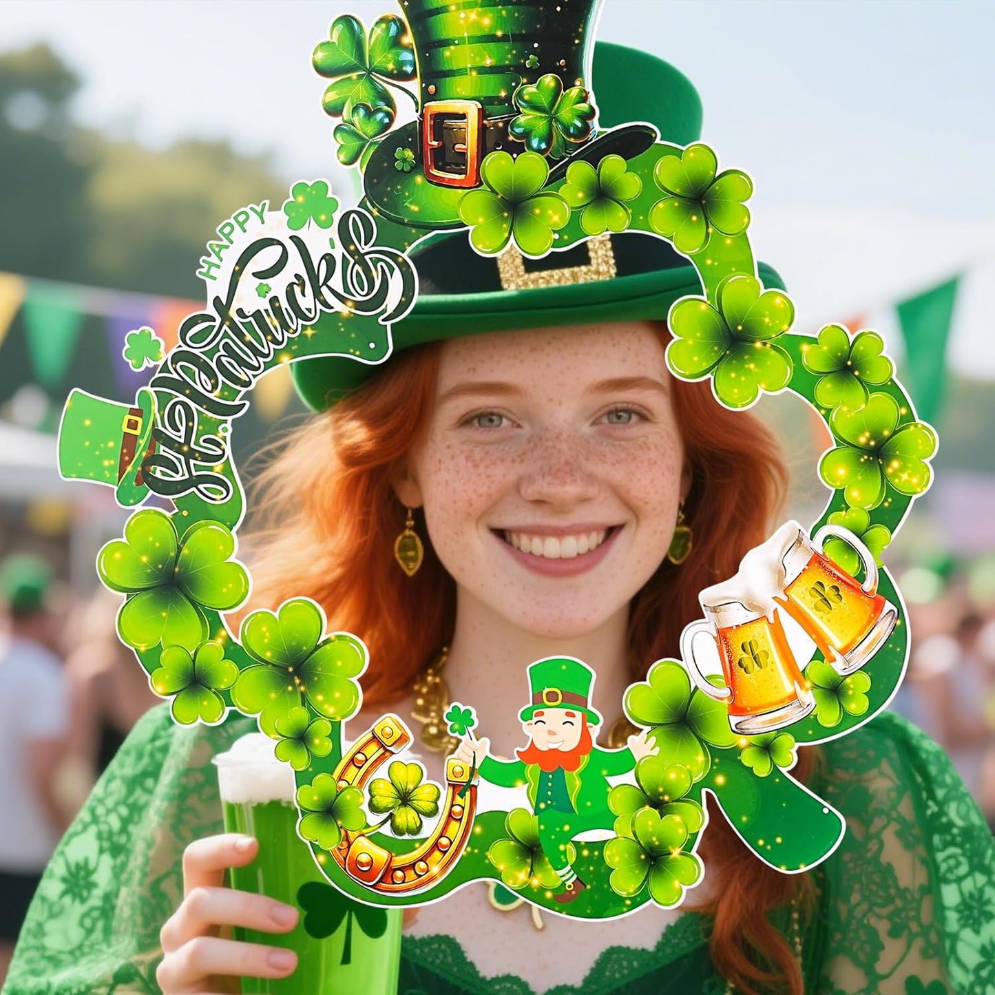 St Patrick's Day Photo Booth Frame, Green Shamrock Selfie Photo Props, Irish Clover Party Photography Decoration Supplies