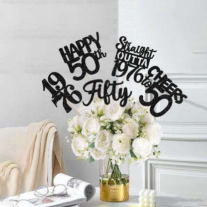 15 PCS 50th Birthday Centerpiece Sticks Fifty Happy 50th Straight Outta 1976 Table Flower Centerpieces Sticks Cheers to 50 Floral Decorations for 50th Birthday Party Centerpieces Supplies Black