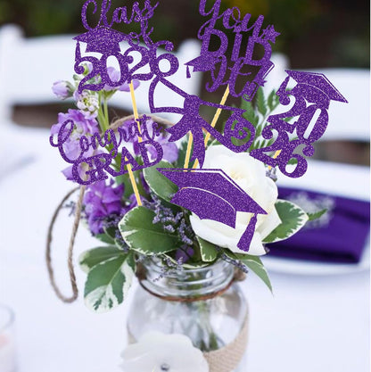 Graduation Centerpiece Sticks 24PCS Glitter Grad Picks Party Table Decor Senior High School College Sign Gold