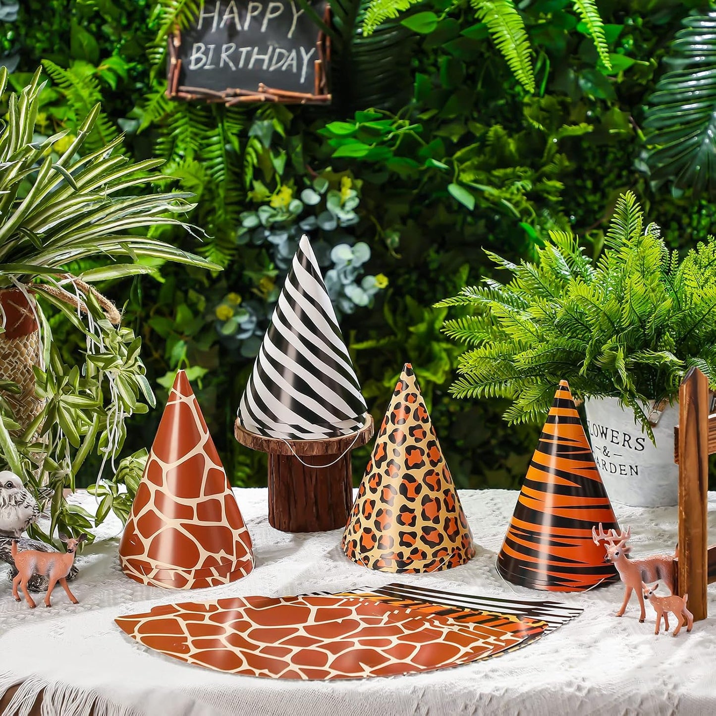 Spiareal 24 Pieces Safari Party Hats Jungle Animal Safari Theme Cone Paper Hats for Kids Zoo Birthday Party Supplies Favor