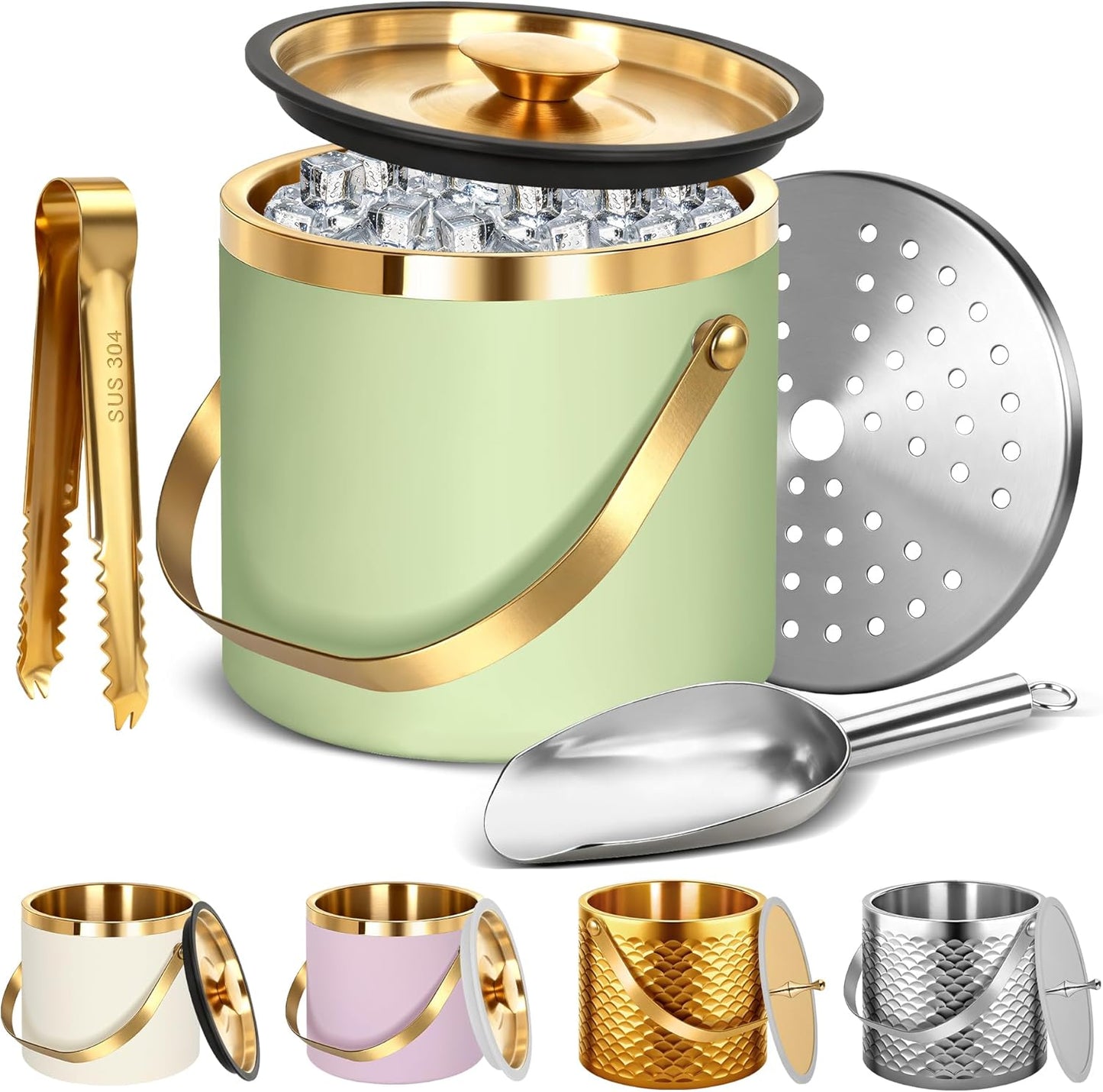 Ice Bucket, Ice Bucket with Silicone Sealing Ring Double-Wall Vacuum Insulation Champagne Buckets with Filter Layer Ice Tongs Ice Scoop (Gold, 3 L)