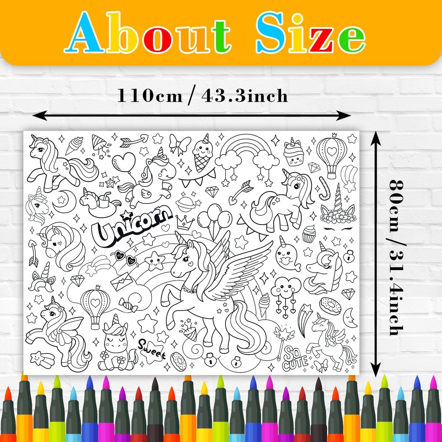 43.3x31.5 Summer Coloring Poster with Picture, Giant Cute Painting Poster, Large Coloring Tablecloth for Classroom Home Birthday Party Supplies Favor