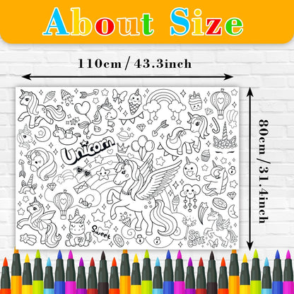 43.3x31.5 Summer Coloring Poster with Picture, Giant Cute Painting Poster, Large Coloring Tablecloth for Classroom Home Birthday Party Supplies Favor
