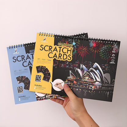 10 PCS Cityscape Scratch Art Book for Teen & Adults: DIY Colorful City Series Painting Paper | ASMR Stress-Relief Engraving Kit Scratchboard | DIY Sketch Card Creative Craft (Travel Landmarks B)
