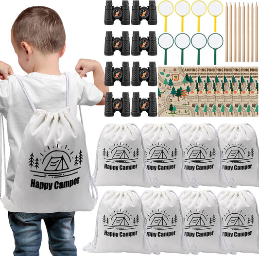 HyDren 8 Sets Camping Party Favors for Kids Safari Party Favors with 8 Camping Scavenger Hunt Cards 8 Canvas Gift Bags 8 Binocular Toys 8 Magnifying Glass 9 Pencils Outdoor Exploration Kit