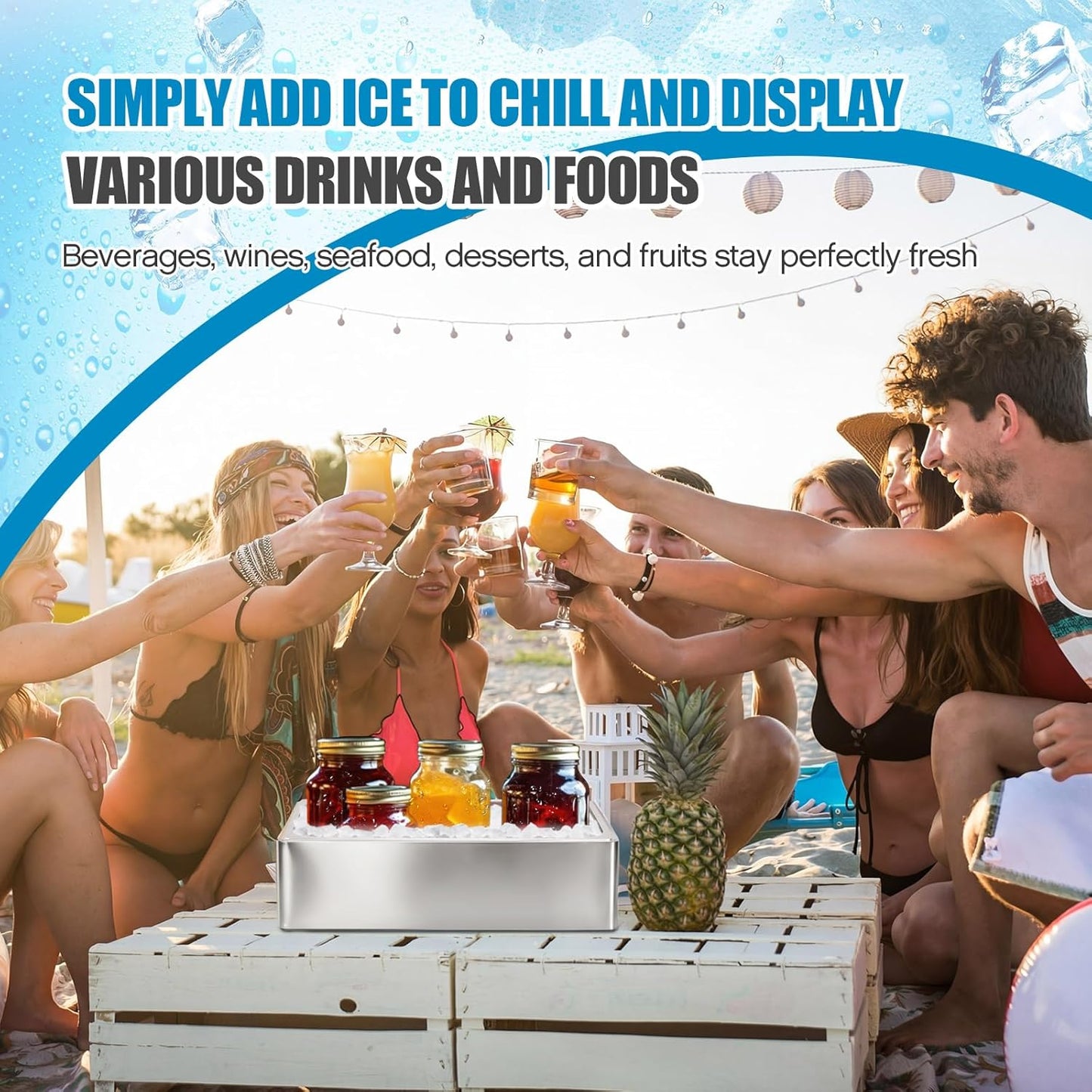Ice Housing Bin with Removable Tray Ice Holder Container Wine Beer Champagne Drink Bucket Beverage Tub for Freezer Display Buffet Bar Counter Party Drink Chiller(Bamboo and Steel,21" X 13" X 5.5")
