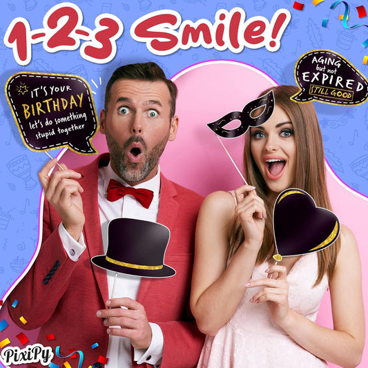 Premium Birthday Photo Booth Props Kit - 54 pc, Multicolored - Happy Birthday Party Fun Photobooth Selfie Accessories - for Adults & Kids - Funny Photoshoot w/Friends - by PixiPy