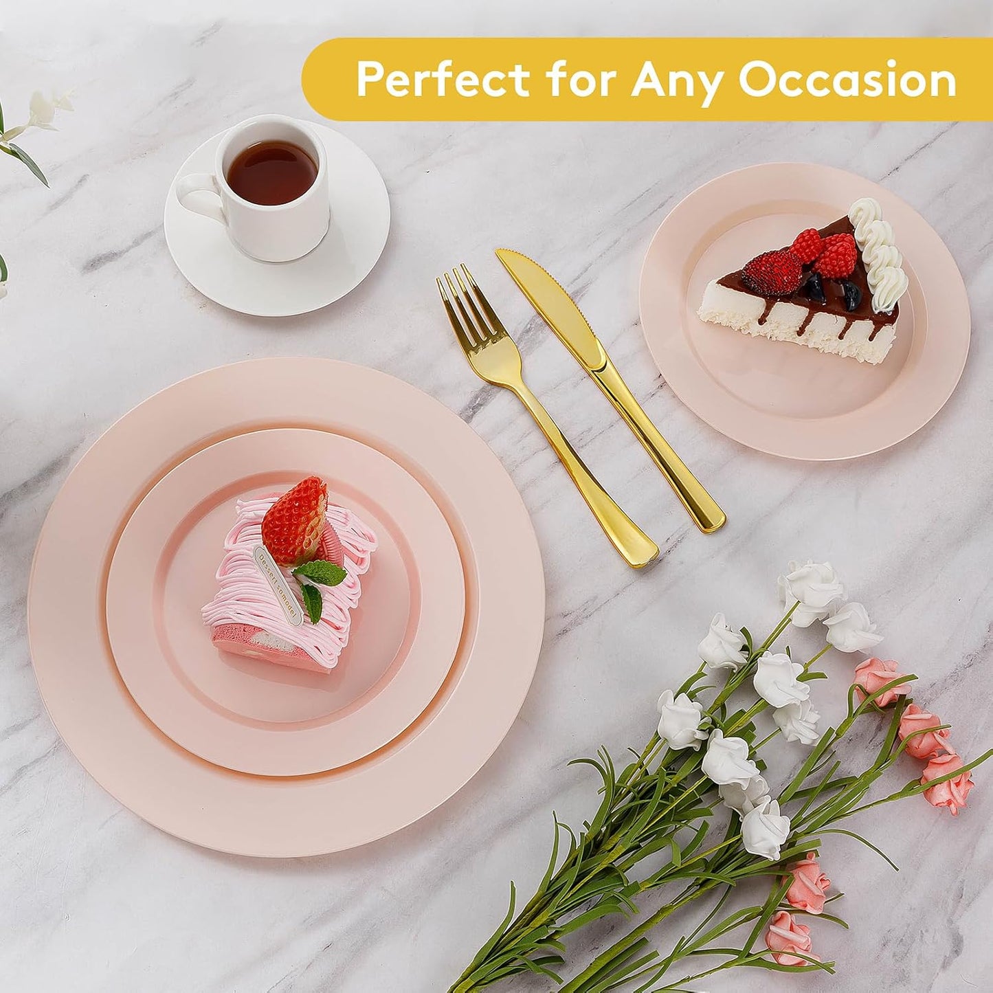 Goodluck 200PCS Gold Plastic Plates, Heavy Duty Disposable Gold Plates with 100 10.25 inch Dinner Plates and 100 7.5 inch Dessert Plates for Party, Holiday, Wedding, Thanksgiving