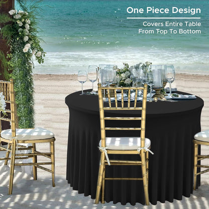 HolidayIdeas 2 Pack Spandex Table Skirt for 6 Ft Rectangle Tables, Black Fitted Stretch Tablecloth 30 x 72 Inch, Wrinkle Resistant Ruffle Design for Wedding Banquets, Trade Shows, Parties