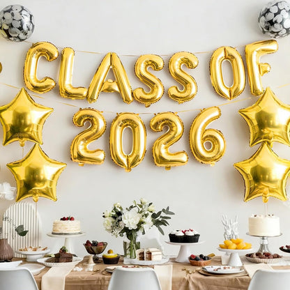 Graduation Balloons, Class of 2026 Balloons, 16Inch Gold Grad Class of 2026 Letters Foil Balloon Sign with Star Balloons, Class of 2026 Decorations for High School College Graduation Party Decorations