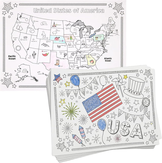 Iconikal Patriotic Coloring Placemats - 22 Double-Sided Disposable Paper Place Mats for Kids, 14x10 Inch 4th of July Party Supplies