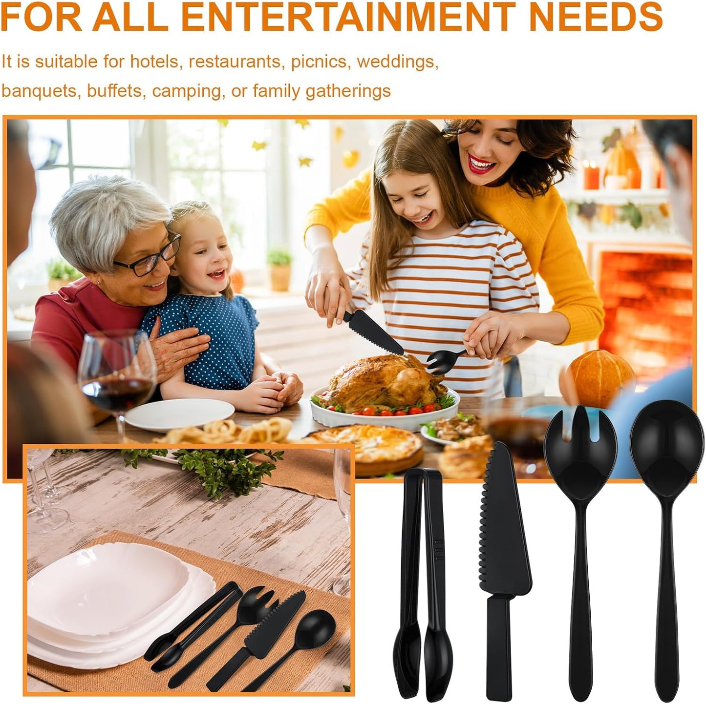 40 Set Disposable Plastic Serving Utensils Include10 Pcs 6.3" Serving Tongs 10 Spoons 10 Forks 10 Knives for Buffets Food Home Weddings Family Gathering Birthday Party Supplies(Black)