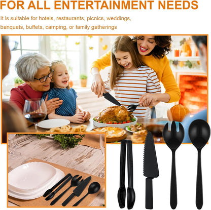40 Set Disposable Plastic Serving Utensils Include10 Pcs 6.3" Serving Tongs 10 Spoons 10 Forks 10 Knives for Buffets Food Home Weddings Family Gathering Birthday Party Supplies(Black)