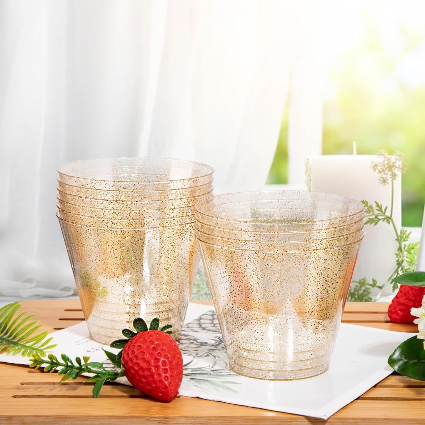 Nervure 120PCS Gold Plastic Cups - 9Oz Gold Rimmed Plastic Cups - Heavy Duty Disposable Clear Cup with Gold Rim Perfect for Weddings, Receptions & Parties
