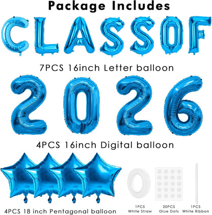 Graduation Balloons, Class of 2026 Balloons, 16Inch Gold Grad Class of 2026 Letters Foil Balloon Sign with Star Balloons, Class of 2026 Decorations for High School College Graduation Party Decorations